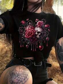Camiseta de manga corta para mujer con estampado gótico de calavera y rosa, camiseta de punto negra de cuello redondo, top grunge para fiestas con un ligero toque elástico, largo regular. - Negro - Ver 2
