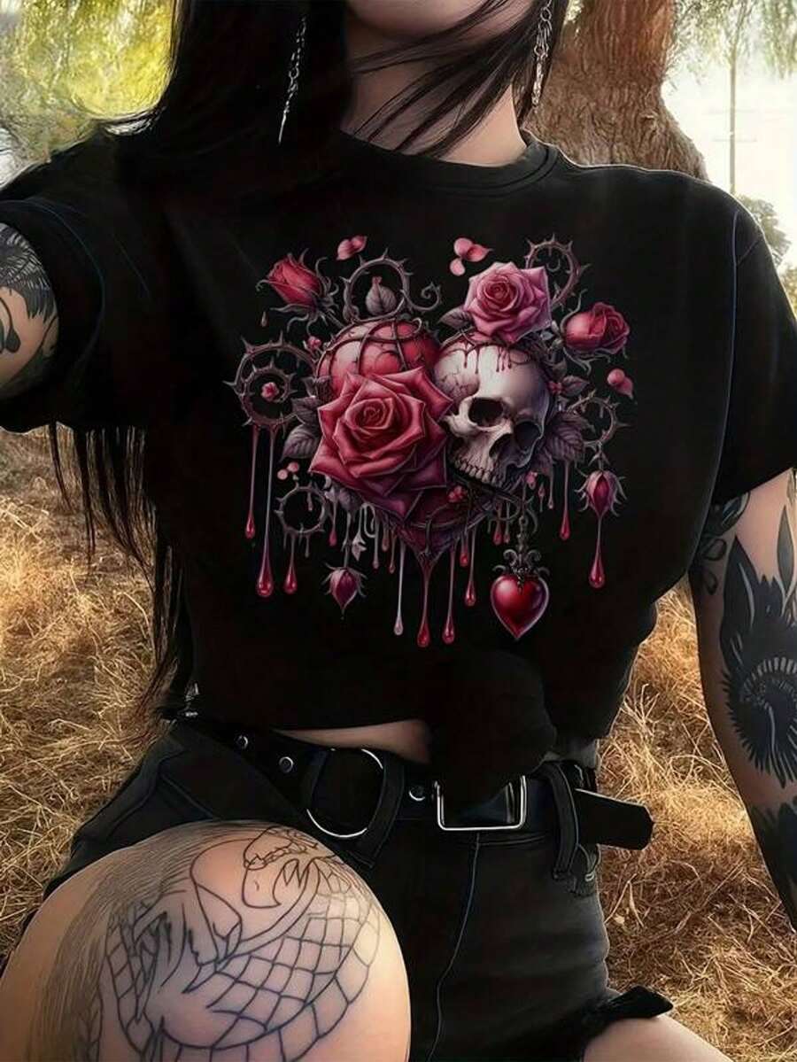 Camiseta de manga corta para mujer con estampado gótico de calavera y rosa, camiseta de punto negra de cuello redondo, top grunge para fiestas con un ligero toque elástico, largo regular.
