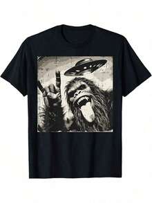 Camiseta de Hombre Big-Foot Rocker Tongue Ufo Selfie Sasquatch Rock, Camisetas Gráficas para Hombres, Algodón LSZX - Negro - Ver 1
