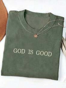 Y2K Style, Fashionable Style, Newest 2026 Style, Cute Style, Casual Style. Comfortable Colored Shirt With "God Is Good" Embroidery, Simple Christian Faith Shirt, Faith Shirt, Faith T-Shirt, Church Group Shirt, Embroidered Crew Neck T-Shirt For Women 180g (S-XXXL) - 軍綠色 - 查看 3