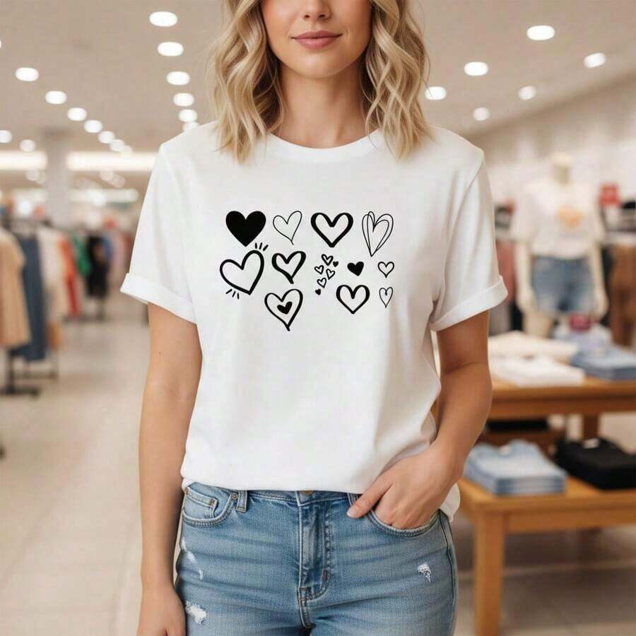 Women's Pure Cotton Short-Sleeved T-Shirt With Heart Print, Round Neck, Loose Fit, Casual Style, Sizes S-5XL Available, Aesthetic And Cute Graphic T-Shirt For Everyday Wear, Modern Design Inspired By Valentine's Day, Soft And Breathable Fabric, Basic T-Shirt With Heart Motifs, Comfortable Casual Shirt For Summer, Heart Print T-Shirt For Ladies, Suitable For Spring, Summer And Autumn. - 白色 - 查看 1