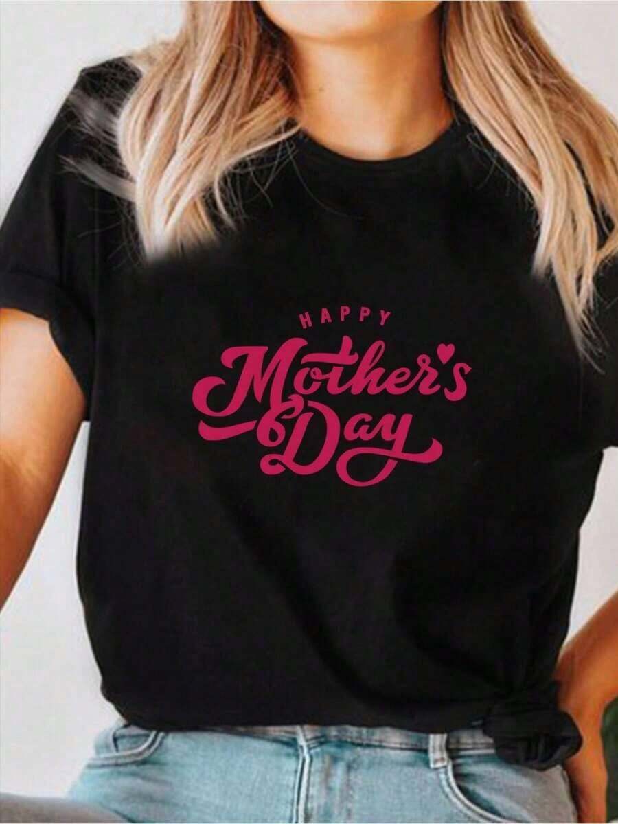 KoreanGraphicAlgodón Camiseta Con Estampado Feliz Día De La Madre, Cuello Redondo, Manga Corta, Informal, Para Primavera Y Verano, % Algodón.Summer Top - Negro - Ver 1