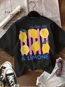 Summer Tops, Lemon Fresh, Yellow Summer Cotton T-Shirt Tops - Black - View 3