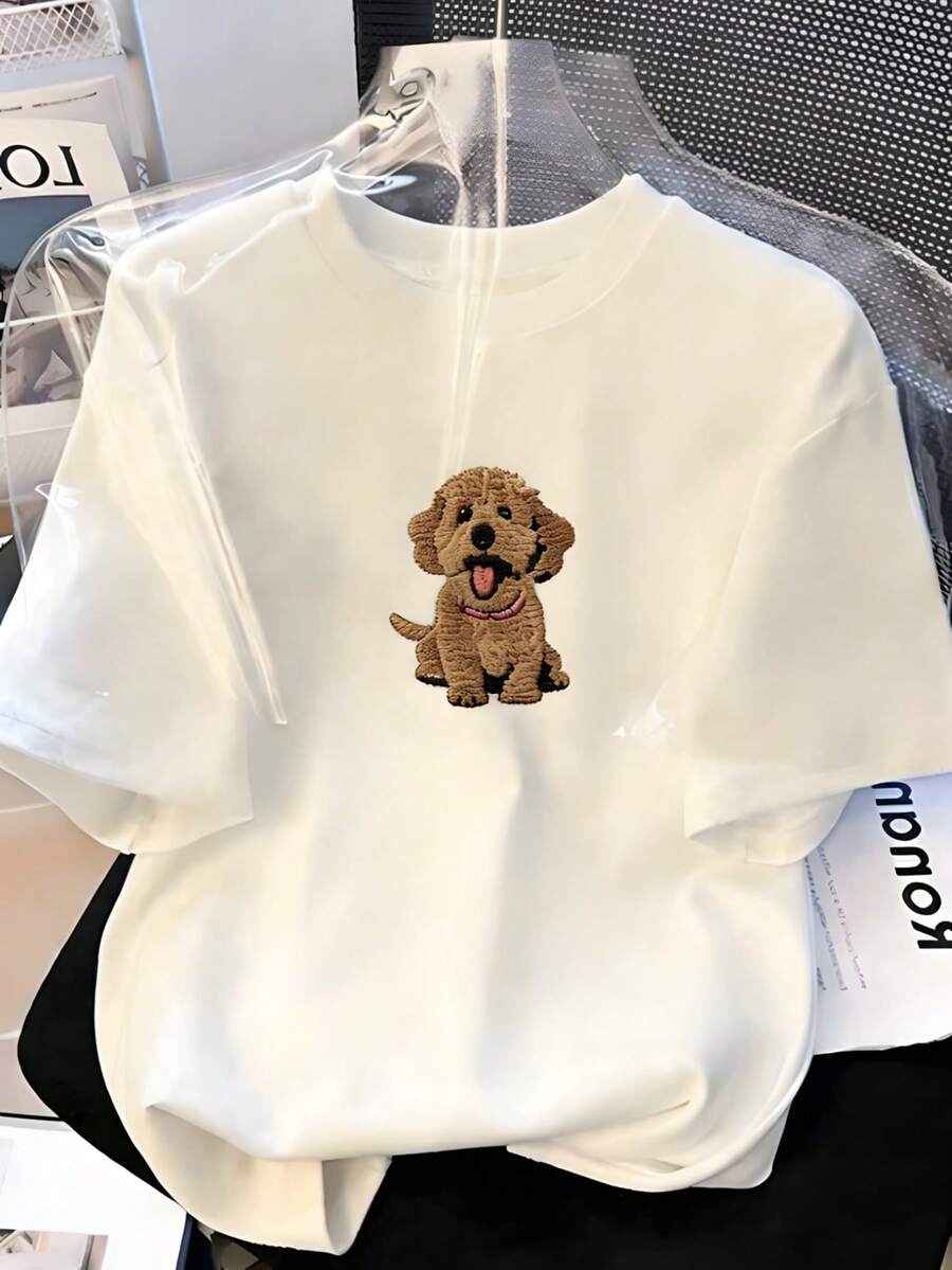 Camiseta para mujer, con estampado de perrito caniche marrón, cuello redondo, manga corta - Blanco - Ver 1
