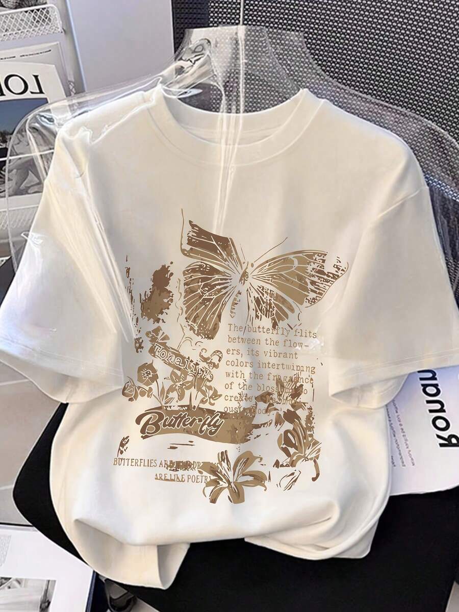 Camiseta de mujer con estampado de mariposas de estilo vintage, camiseta casual de manga corta con cuello redondo, adecuada para uso diario - Camiseta unisex de algodón holgada de manga corta con cuello redondo estilo vintage para mujer. blusas.blusas casuales para dama. - Blanco - Ver 1