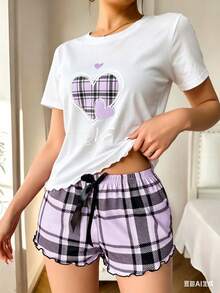 Playera de Manga Corta con Estampado de Corazones y Cuadros - Estilo Urbano Casual para Mujer - Blanco y Negro - Ver 1