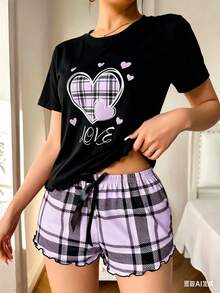 Playera de Manga Corta con Estampado de Corazones y Cuadros - Estilo Urbano Casual para Mujer - azul y negro - Ver 4