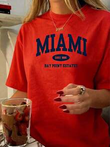 Fashion Clothing: Women's Casual Short Sleeve T-Shirt - Miami Oval Emblem Design, White And Navy Letter Print, Medium Elastic Crew Neck, Suitable For Spring, Summer And Autumn, Machine Washable, Loose Fit, Bold Pattern, Soft Texture Fashion T-Shirt. Classic Crew Neck, Short Sleeve, Solid Basic Style. - 紅色 - 查看 6
