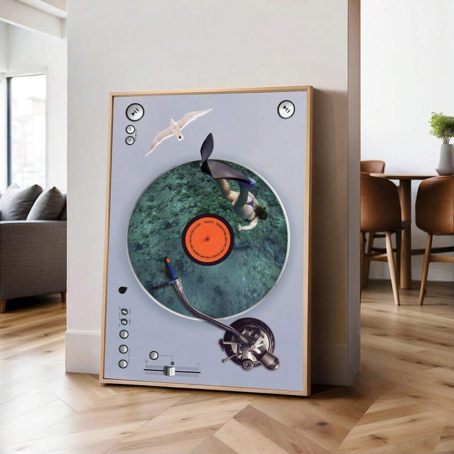 1pc Surrealist Record Player Wall Art Creative Ocean Diver Turntable Print Canvas Painting Vintage Aesthetic Poster Decor Suitable For Studio Living Room Modern Music Lover Gift Unframed Or Wooden Hanging Scroll - Pattern - View 1