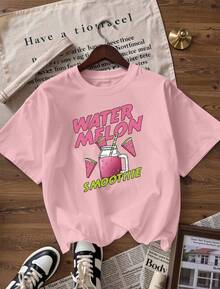 Watermelon Smoothie Design T-Shirt,  Short-Sleeve T-Shirt For Spring/Summer 2026, Made In Mexico, 180 Grams. Cartoon Print, Couple Design, Suitable For Indoor Or Outdoor Wear. Crew Neck, Unisex, Ideal For Office And Leisure. One-Pack. - PK-P631577SLNDXZGY427 - 查看 4