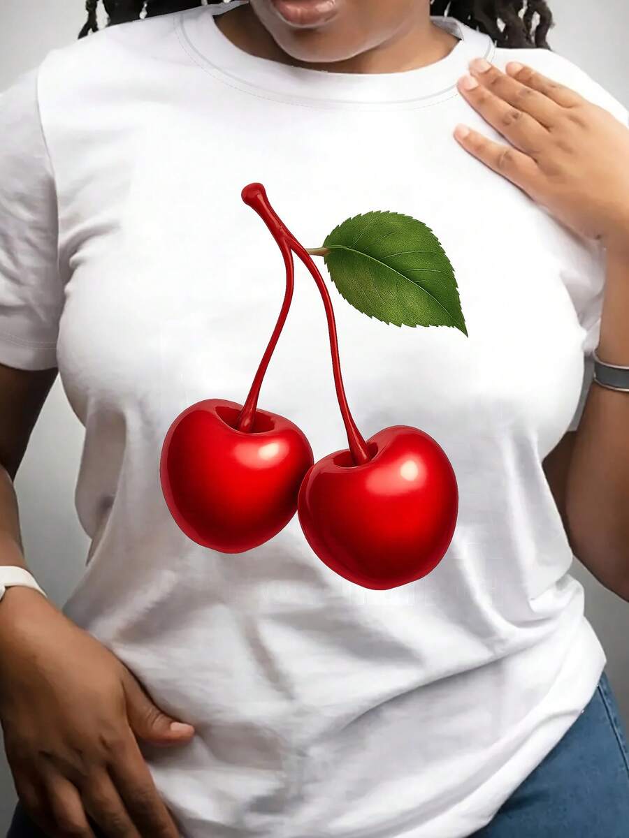 Camiseta de 180 gramos de hilo de leche, patrón de cereza roja para mujer, cuello redondo holgado y casual, estampado geométrico de cereza, camiseta de manga corta casual con cuello redondo. - Blanco - Ver 1
