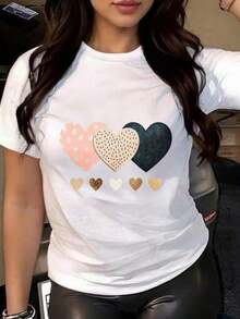 FunnyWo Camiseta de Manga Corta con Estampado de Corazones Estilo Vintage, Blusa Elegante de Cuello Redondo, Adecuada para Primavera, Verano y Otoño, Ropa Casual, Lavable a Máquina, Estilo Retro, Tallas S-3XL para el verano. - Blanco - Ver 6