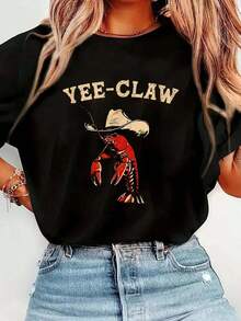 1 Pieza de Moda Casual para Hombres y Mujeres Yee Claw! Camiseta divertida con estampado de cangrejo de río para el Festival de Mariscos Cajun, camiseta casual de cuello redondo y manga corta, cómoda para primavera y verano, ropa de mujer versátil, fácil de combinar, adecuada para uso diario, estilo urbano, ropa de vacaciones, ropa de fin de semana. - Negro - Ver 1