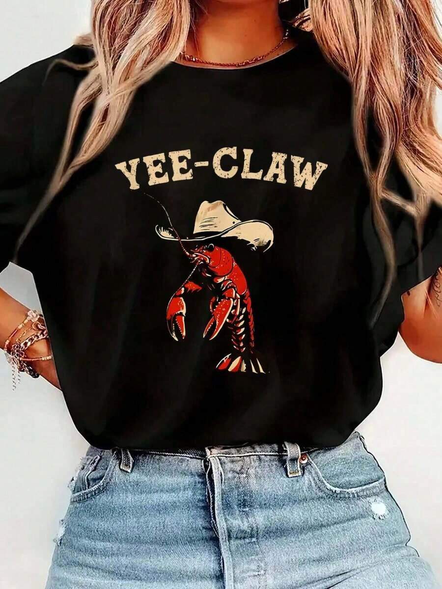 1 Pieza de Moda Casual para Hombres y Mujeres Yee Claw! Camiseta divertida con estampado de cangrejo de río para el Festival de Mariscos Cajun, camiseta casual de cuello redondo y manga corta, cómoda para primavera y verano, ropa de mujer versátil, fácil de combinar, adecuada para uso diario, estilo urbano, ropa de vacaciones, ropa de fin de semana. - Negro - Ver 1