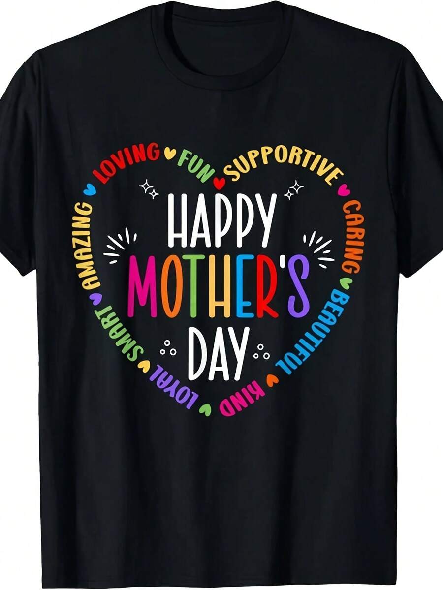Happy Mother's Day T-Shirt - Unisex Adult Black 220gsm Heavy Cotton Retro Hearts And Multicolor Design With "Congratulations Mom" Letters, Funny Phrases And Heart-Shaped Cutouts, Comfortable, Crew Neck For All Times Casual Gift For Women & Men (Moms/Grandmas) Machine Washable Vibrant Print With Colorful Textures And Playful Graphics Ideal For Mother's Day Celebrations - 黑色 - 查看 1