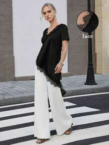 Women's T-Shirt With Ruffled Collar And Lace, Elegant And Fashionable, Suitable For Valentine's Day, Weddings, Holidays, Casual Outings, Parties, With An Asymmetrical Hem And Stretchy Fabric - 黑色 - 查看 8