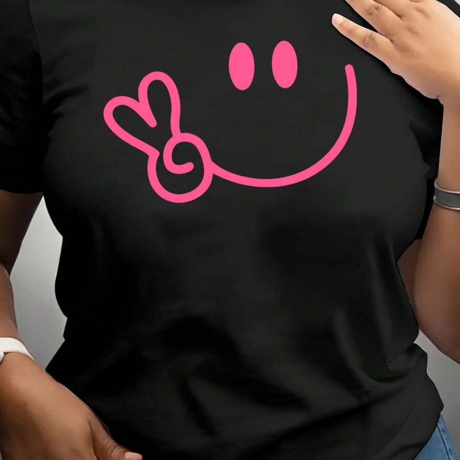 New Women's Short Sleeve T-Shirt With Cartoon Cheerful Face Print, Couple Top, Regular Length, Casual Short Sleeve T-Shirt, Summer Clothes For Women - 黑色 - 查看 1
