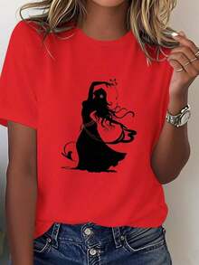 Comfortable Printed T-Shirts For Belly Dancers, Pure Cotton T-Shirt For Women, Comfortable Fit, 100% Cotton Loose Versatile Short Sleeve T-Shirt For Women - 紅色的 - 查看 7