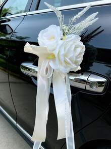 1PC Elegant Rose Satin Bow Wedding Car Decoration, Trailing Ribbon Flower Ornament For Car Mirror/Door Handle, Romantic Bridal Wedding Party Decor - Multicolor - View 8
