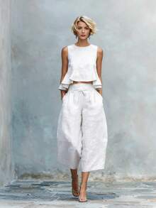 Women's Linen-Blend Two-Piece Outfit, Sleeveless Peplum Crop Top & High Waist Cropped Wide Leg Pants - 橘紅色 - 查看 10
