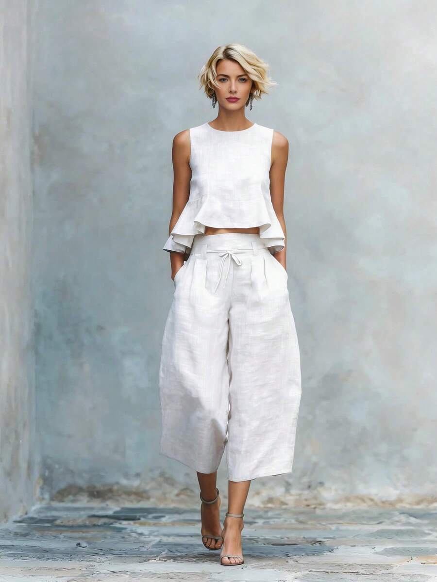 Women's Linen-Blend Two-Piece Outfit, Sleeveless Peplum Crop Top & High Waist Cropped Wide Leg Pants - trắng - Xem 1
