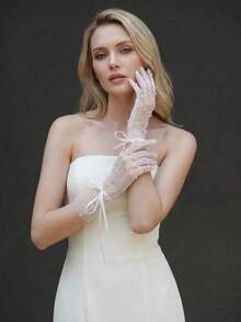1 Pair Romantic Gloves, Wedding Bride Gloves, Bachelorette Party Gloves, Fashionable Elegant Gloves - Beige - View 3