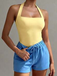 Camiseta sin espalda sexy, top de verano con cuello cuadrado elástico, ajuste casual y elegante, color amarillo para vacaciones - Amarillo - Ver 4