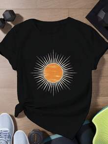 Women's Short Sleeve Sports T-Shirt, Size, With Sun Ray Design - Black - View 1