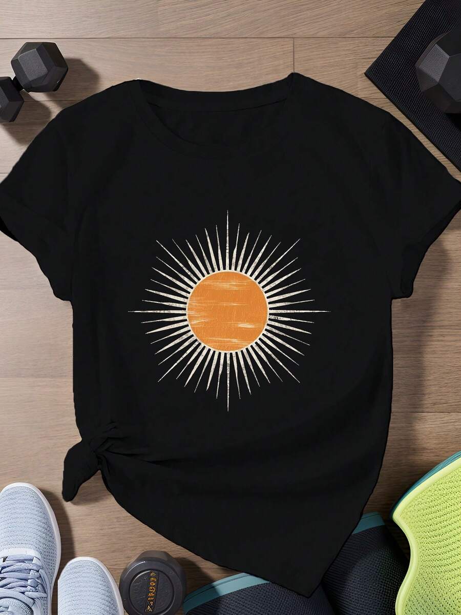 Women's Short Sleeve Sports T-Shirt, Size, With Sun Ray Design - Black - View 1