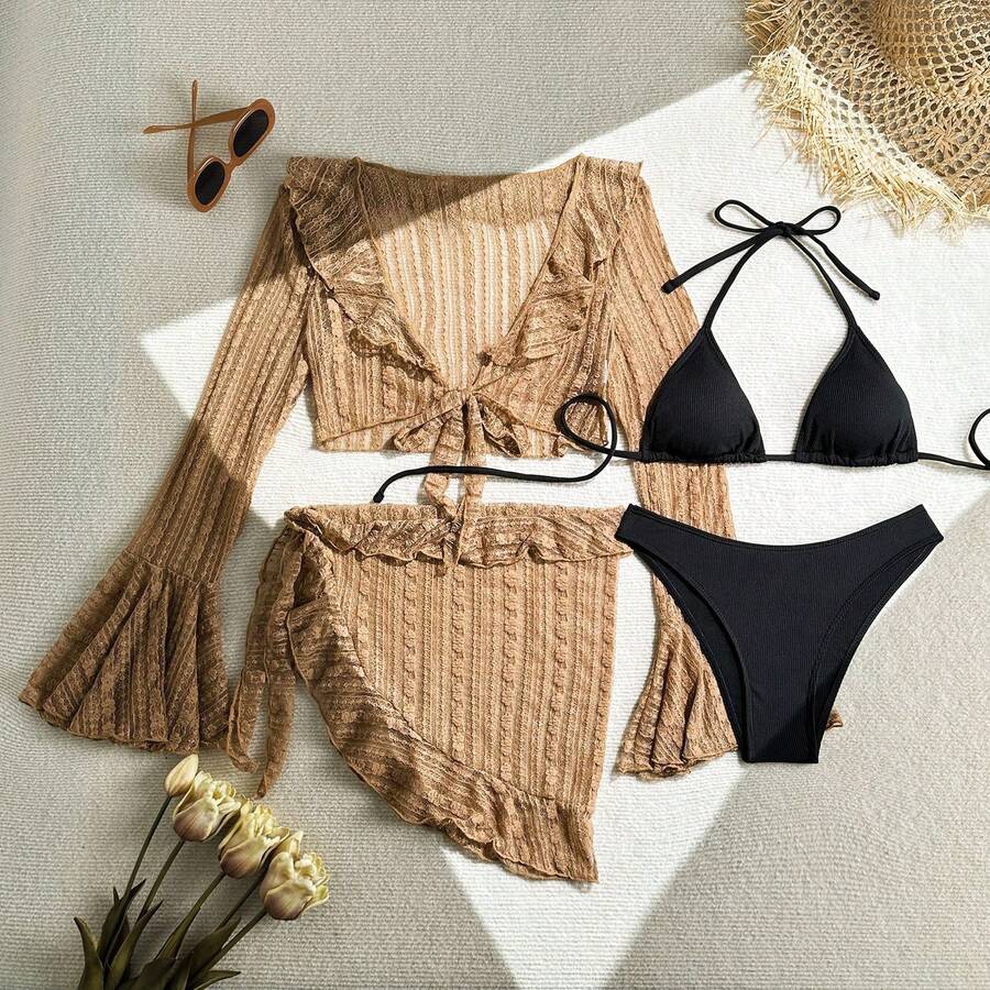 Nuevo bikini sexy de encaje y malla de cuatro piezas. - marrón café - Ver 1