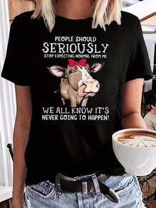 Short Sleeve T-Shirt With Cow Print - Smiling Cow And Letters With Ears, Round Neck Summer Blouse, Machine Washable Casual Top, Casual And Themed Outfits (No-) - In Stock, Immediate Shipping - 黑色 - 查看 3