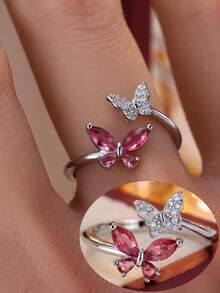 1 chiếc nhẫn hình bướm đính đá Zirconia có thể điều chỉnh kích cỡ, thiết kế tối giản tinh tế, phụ kiện sang trọng, nhẹ nhàng và đa năng. - Nhẫn bạc - Xem 6