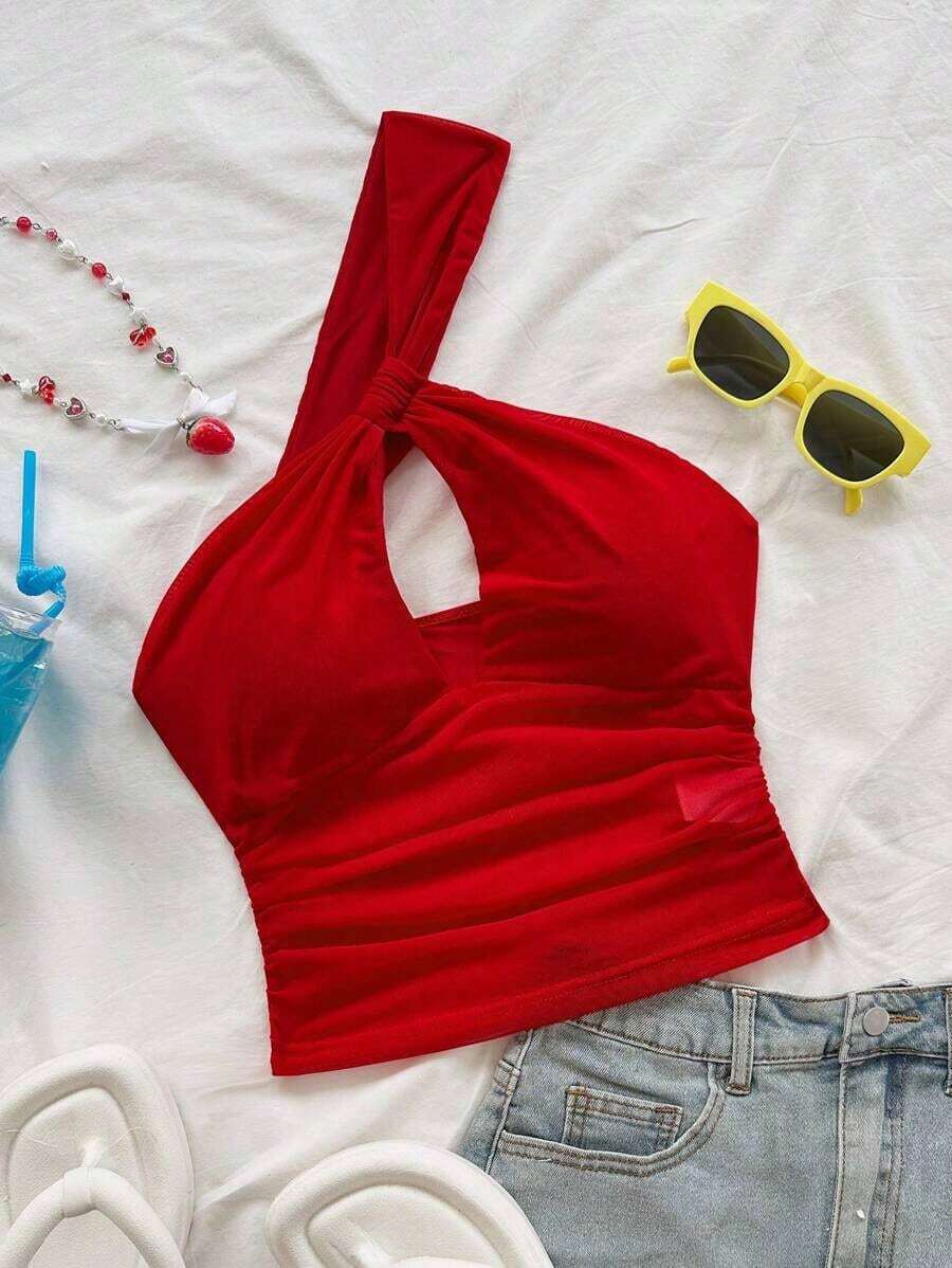 Blusa roja sexy con un solo hombro, de espalda abierta y calada, adecuada para vacaciones, festivales de música, estilo bohemio, ganchillo, lino, citas de verano - Rojo - Ver 1