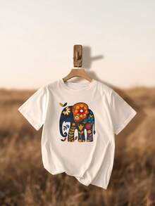 Camiseta de cuello redondo de manga corta blanca para mujer con estampado de elefante estilo bohemio, top de punto casual con estiramiento medio para verano - Blanco - Ver 6