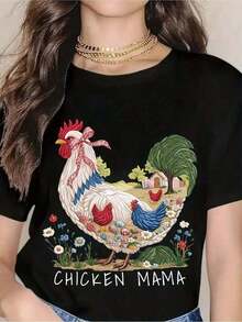 Fashion Printed T-Shirts For Women, Oversized Streetwear Tops, Comfortable And Stylish All-Match Summer Tees. Cotton T-Shirt With Chicken Farm Scene Print For Women - Cute Go And Gina Garden Design, Casual Summer Floral Pattern, Suitable For Daily Wear, Birthdays, Mother's Day, Or Farmers Market Outfits. 180g Soft - 黑色 - 查看 6