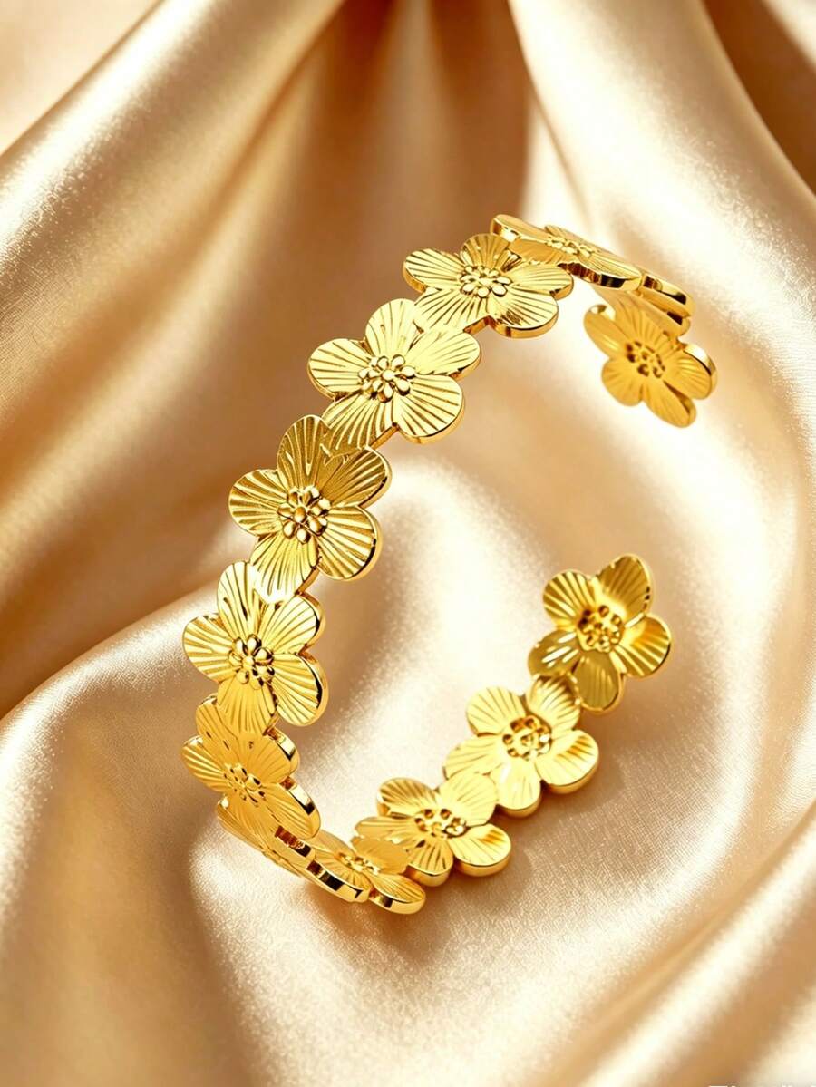1 chiếc vòng tay bằng thép không gỉ thiết kế hoa văn tối giản, thanh lịch, thích hợp cho phụ nữ đeo khi hẹn hò, đi nghỉ mát, dự tiệc và gặp gỡ. - Vàng - Xem 1