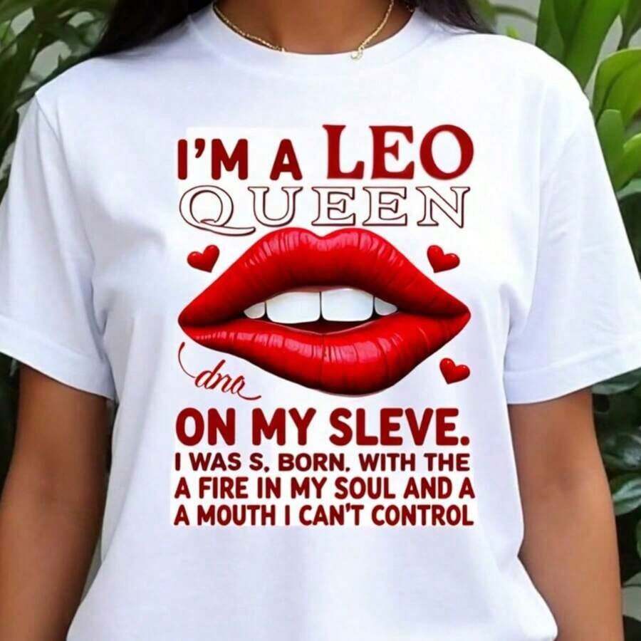 Women's "I'm A Leo Queen" T-Shirt With Bold Red Lips And Zodiac Heart Graphic Print, Featuring A Vivid, Fade-Resistant, And Long-Lasting Print With Crisp, Eye-Catching Details, Conveying A Bold And Edgy Style. Perfect For Showing Off Your Leo Pride, This Stylish Garment Is Ideal For Everyday Wear And Casual Gatherings. - 白色 - 查看 1