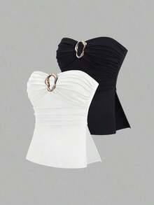 Top corto con pliegues tipo bandeau de moda casual para mujer - Multicolor 3 - Ver 9