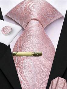 Men's Wedding Pink Paisley Tie Set Includes Pocket Square, Random Cufflinks & Gold Tie Clip, Festive Formal Necktie For Holidays - Pink - View 1