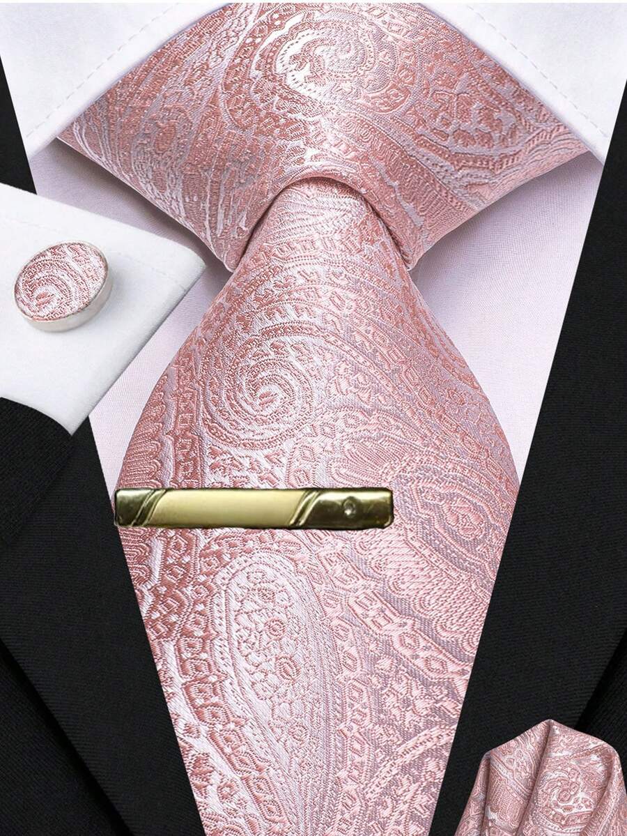 Men's Wedding Pink Paisley Tie Set Includes Pocket Square, Random Cufflinks & Gold Tie Clip, Festive Formal Necktie For Holidays - Pink - View 1