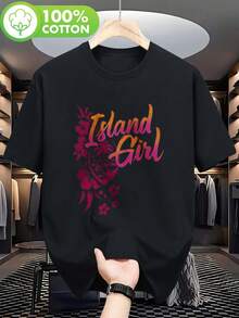 Guam Chamorro Women's T-Shirt - Comfortable Style With Tropical Floral Design - White T-Shirt With The Title "Island Girl" Printed - Traditional Guam Clothing, Suitable For Daily Wear And Special Events - Essential Washable Hawaiian And Micronesian Style T-Shirt For Women. - 黑色 - 查看 1