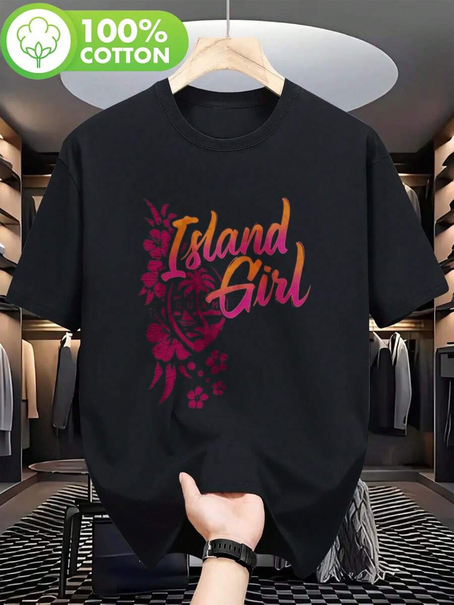 Guam Chamorro Women's T-Shirt - Comfortable Style With Tropical Floral Design - White T-Shirt With The Title "Island Girl" Printed - Traditional Guam Clothing, Suitable For Daily Wear And Special Events - Essential Washable Hawaiian And Micronesian Style T-Shirt For Women. - 黑色 - 查看 1