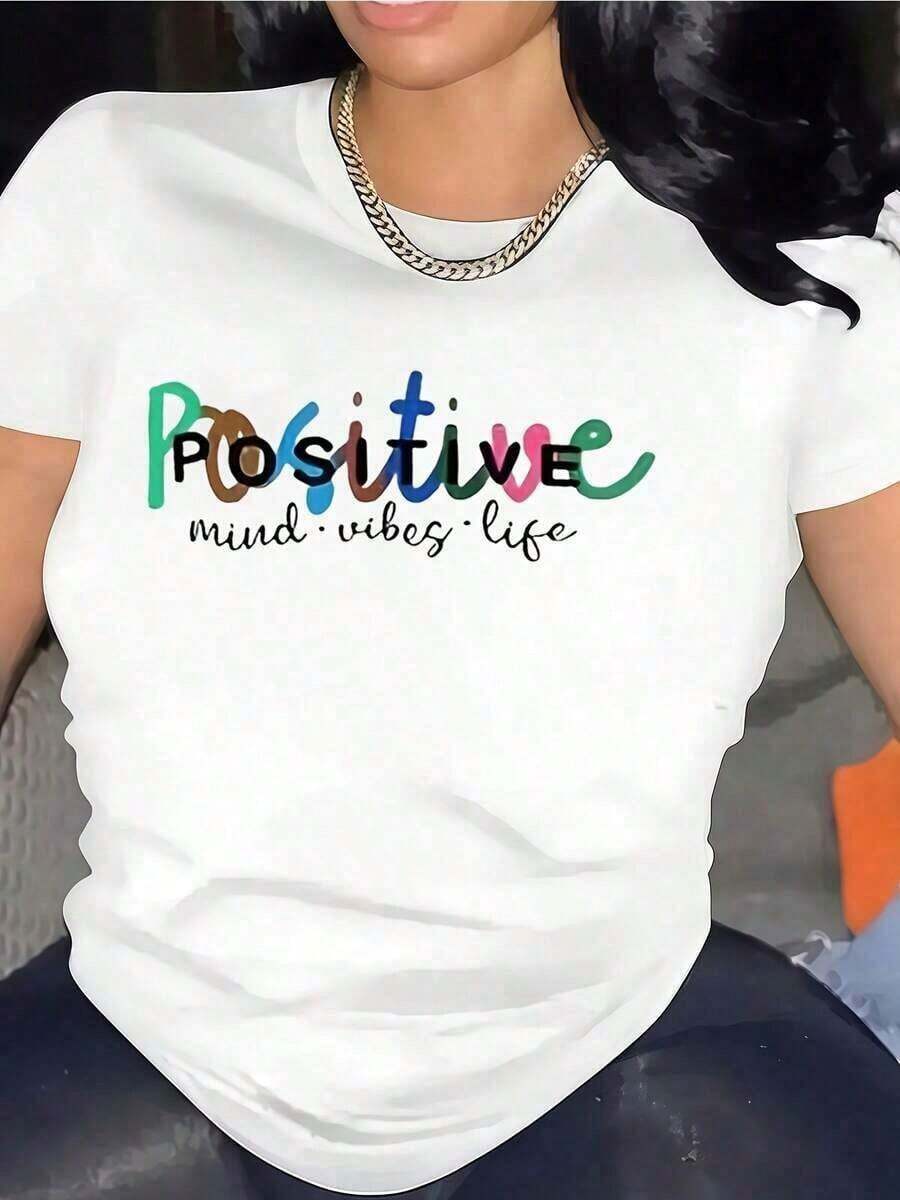 short sleeves1 pieza de camiseta gráfica con frases motivadoras para mujer, estilo Casual Wear Top, 180g, 100% algodón, los diseños están impresos. Unisexo.Ocio - Blanco - Ver 1