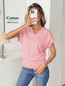 Camiseta casual de mujer de unicolor con cuello en V, mangas cortas tipo murciélago, para usar con vaqueros - Rosa Pálido - Ver 6