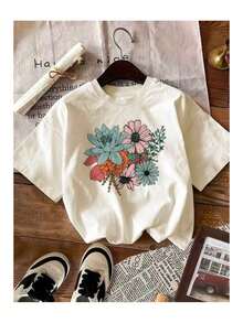 - CAMISETA BÁSICA COM ESTAMPA DE FLORES DE VERÃO Camiseta masculina folgada e confortável - Branco - Ver 1