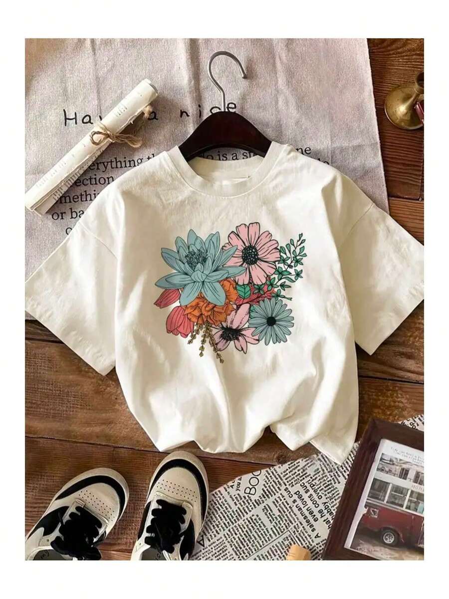 - CAMISETA BÁSICA COM ESTAMPA DE FLORES DE VERÃO Camiseta masculina folgada e confortável - Branco - Ver 1