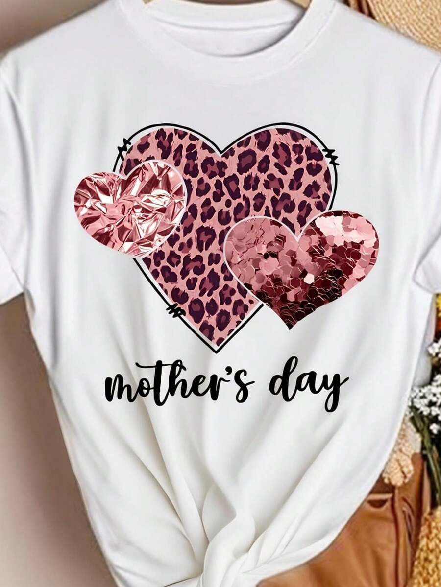 Casual Short Sleeve T-Shirt With Leopard Print And Love Pattern For Mother's Day, Conventional Version Of The T-Shirt, The Fabric Is Comfortable For All Seasons, Suitable For Daily Wear, Ideal For Holiday Gifts, Suitable For Gifts To Friends. - 白色 - 查看 1