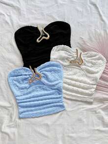 3 piezas Parte superior de camisola acortada con textura de punto para mujer con decoración de hebilla metálica con forma de corazón hueco, ajuste ceñido, adecuado para Navidad, cita nocturna, discoteca, playa, crucero, té de la tarde, estilo bohem - Multicolor - Ver 4