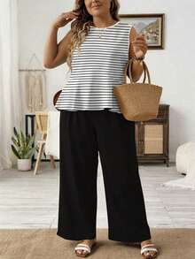LUNE Conjunto de 2 Piezas para Mujer Talla Grande, Camisola de Verano de Color Sólido con Cuello Redondo y Volantes en el Bajo y Pantalón de Pierna Ancha Holgado - Multicolor 6 - Ver 13