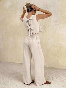 Conjunto informal de 2 piezas con top de cuello redondo y lazo en la espalda, y pantalones de cintura elástica de unicolor para mujer - Albaricoque - Ver 8